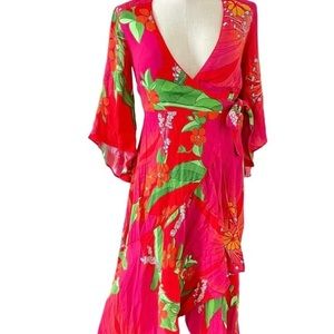 Farm Rio NWT Pink Pietra Wrap dress with bell sleeves.  Tropical Floral print.